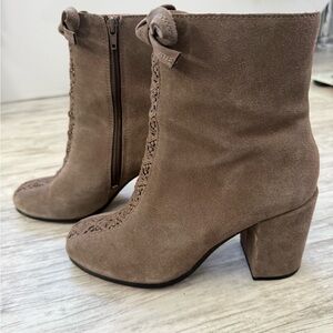 bettye muller Taupe Suede Block Heel Ankle Booties